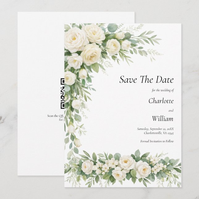 White Roses Cream Wedding Save The Date QR Code Invitation (Front/Back)