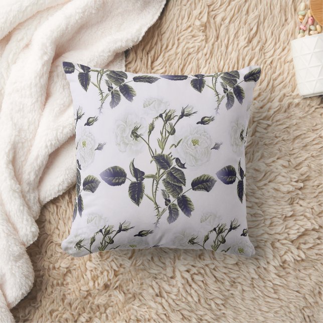 White Roses Decorative Grey Leaves Throw Pillow (Blanket)