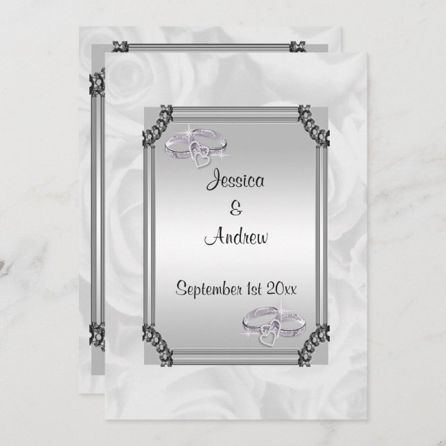 White Roses & Diamond Wedding Rings Invitation (Front/Back)