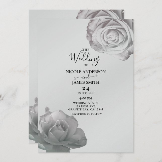 White Roses Elegant Floral Silver Grey Wedding    Invitation (Front/Back)