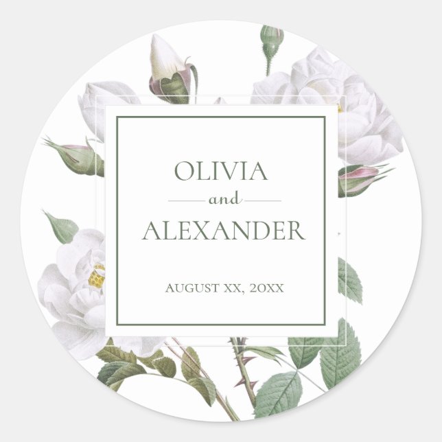 White Roses Elegant Floral Wedding Classic Round Sticker (Front)