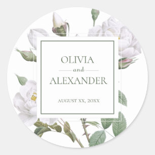 White Roses Elegant Floral Wedding Classic Round Sticker