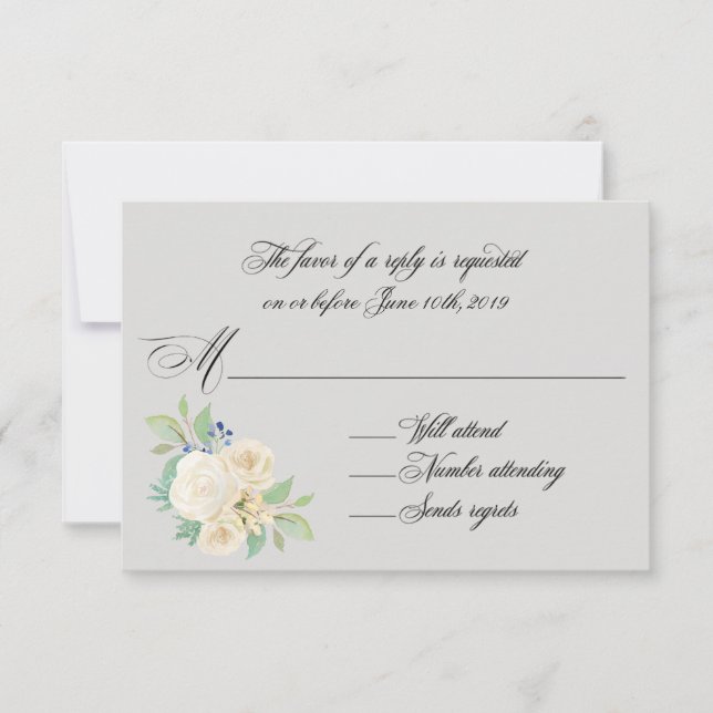White Roses Elegant Floral Wedding RSVP (Front)
