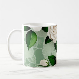 White Roses Elegant On Green Coffee Mug