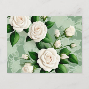 White Roses Elegant On Green Postcard