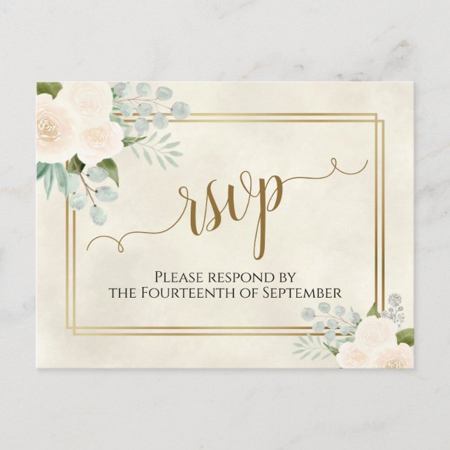 White Roses & Eucalyptus Gold Wedding RSVP Postcard (Front)
