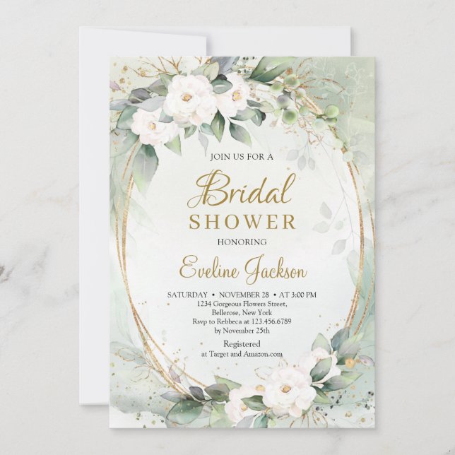 White roses eucalyptus greenery gold oval Bridal Invitation (Front)