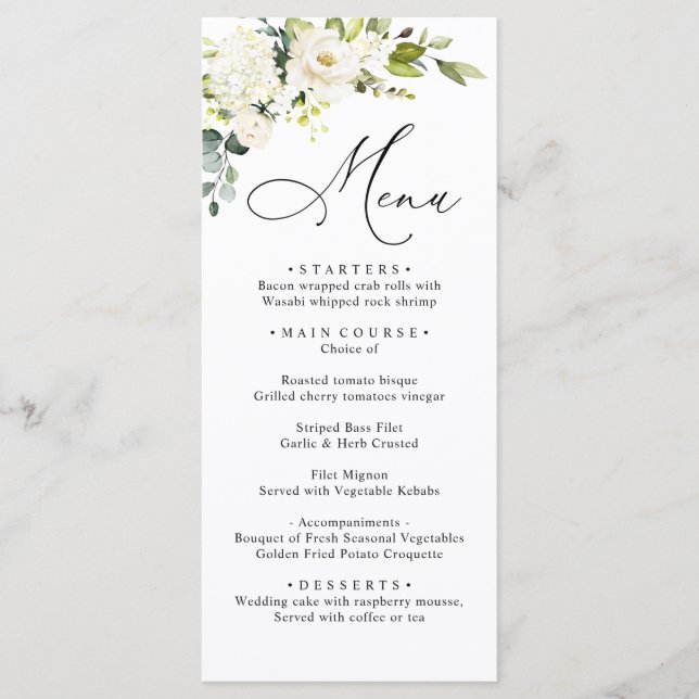 White Roses Eucalyptus Greenery Wedding Dinner Menu (Front)