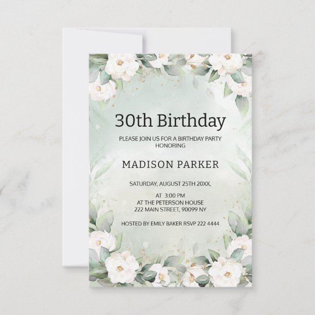 White Roses Eucalyptus Leaves Birthday Invitation (Front)