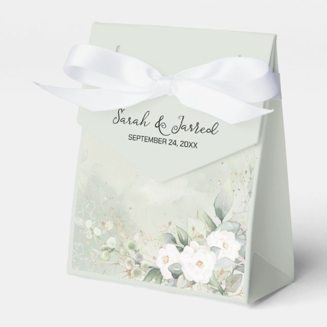 White Roses Eucalyptus Leaves Wedding Favor Box (Front Side)