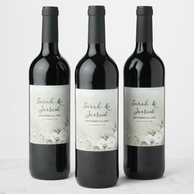 White Roses Eucalyptus Leaves Wedding Wine Label (Bottles)