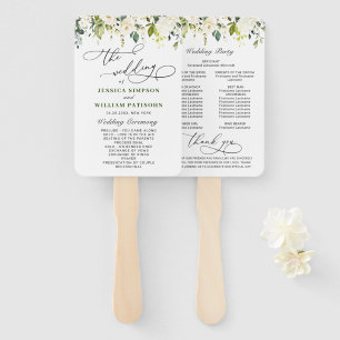 White Roses Eucalyptus Wedding Program Hand Fan