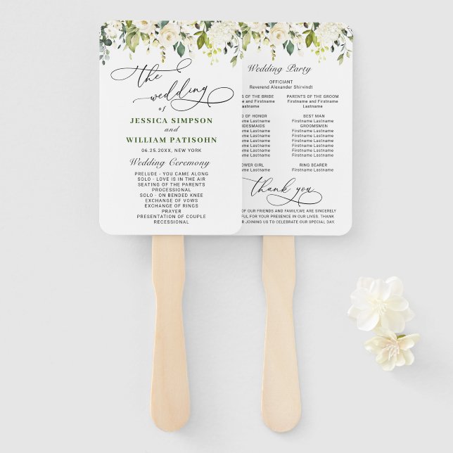 White Roses Eucalyptus Wedding Program Hand Fan (Front and Back)