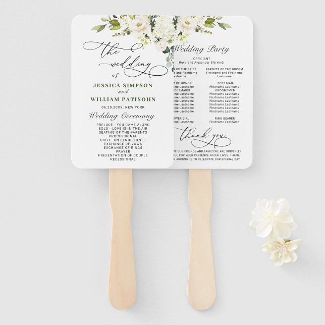 White Roses Eucalyptus Wedding Program Hand Fan (Front and Back)