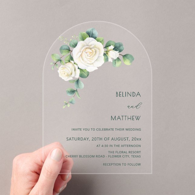 White Roses Floral Arch Clear Acrylic Invitations (Insitu (Handheld))
