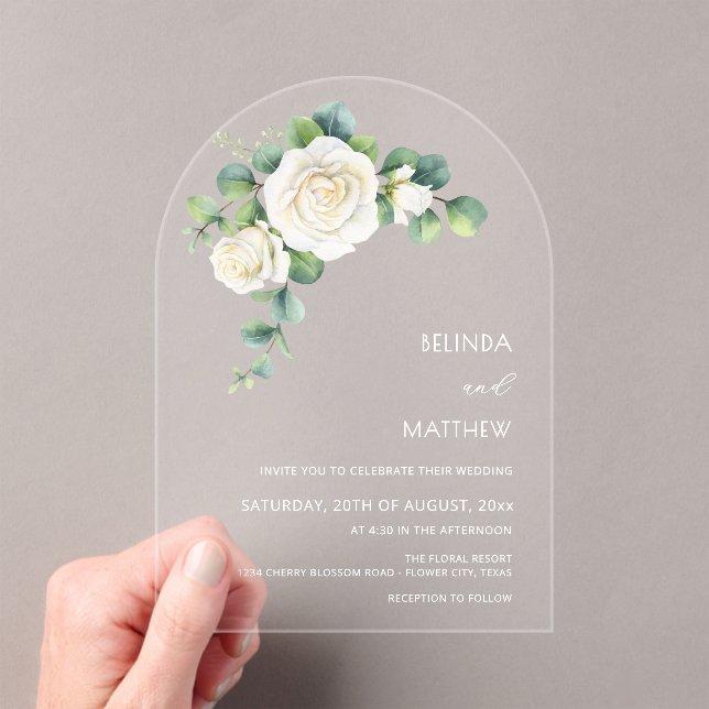 White Roses Floral Arch Clear Acrylic Invitations (Insitu (Handheld))