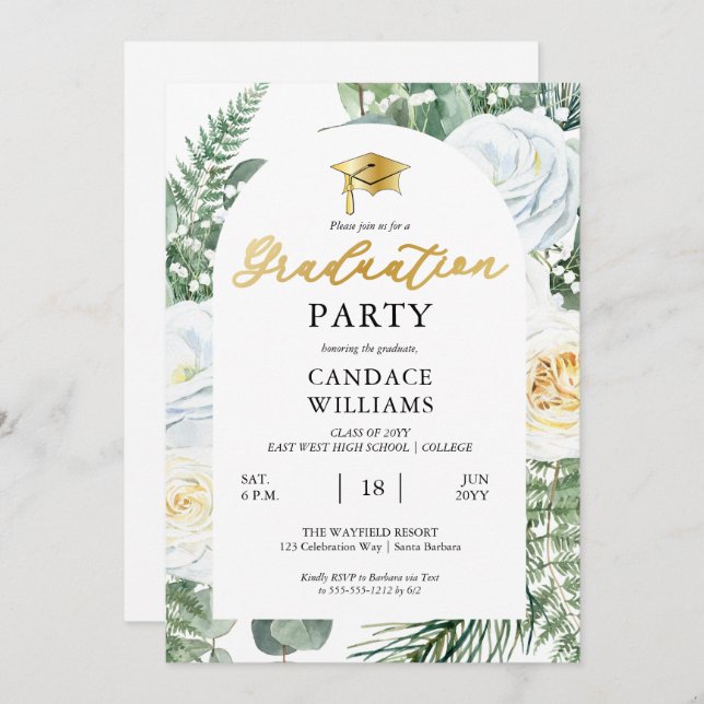 White Roses Floral Frame Graduation Party Invitation (Front/Back)