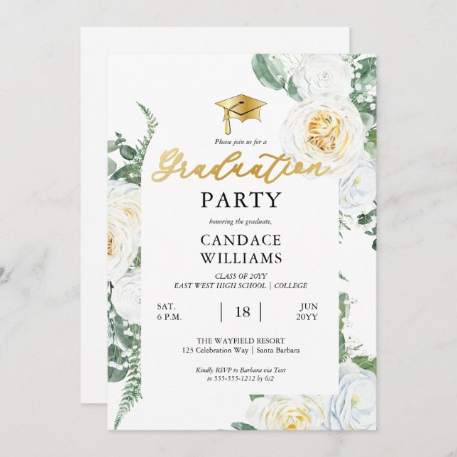 White Roses Floral Frame Graduation Party Invitation (Front/Back)