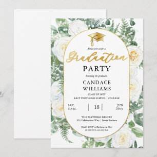 White Roses Floral Gold Frame Graduation Party Invitation
