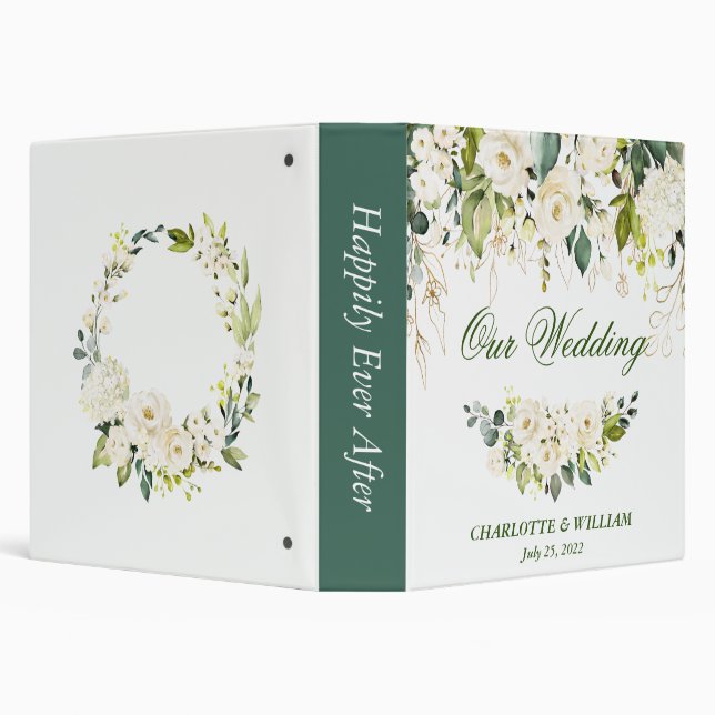 White Roses Floral Greenery Custom Wedding Binder (Background)