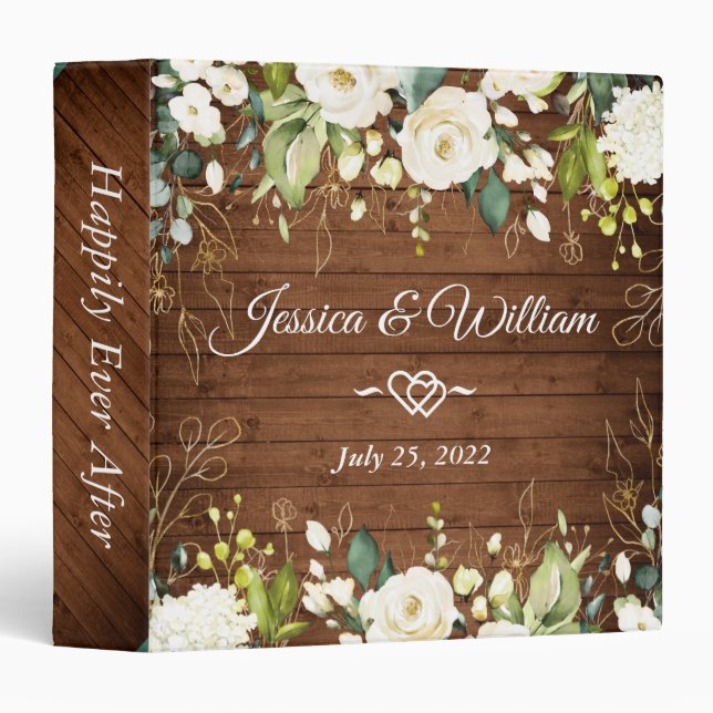 White Roses Floral Greenery Custom Wedding Binder (Front/Spine)