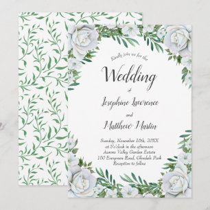 White Roses Floral Greenery Wedding Invitations