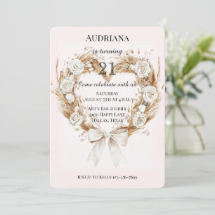 White Roses Floral Heart Bow Birthday Invitation