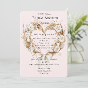 White Roses Floral Heart Bow Bridal Shower Invitation