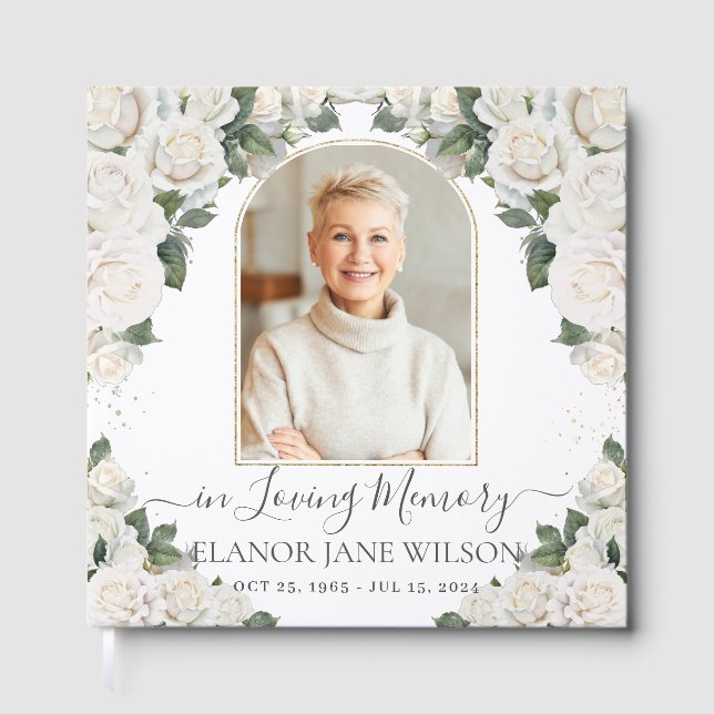 White Roses Floral Memorial Funeral Photo Picture  Guest Book (Front)