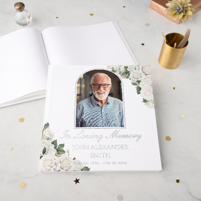 White Roses Floral Memorial Funeral Photo Silver Guest Book (Front Open)