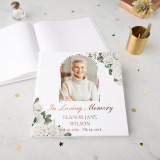 White Roses Floral Memorial Funeral Picture Photo Guest Book