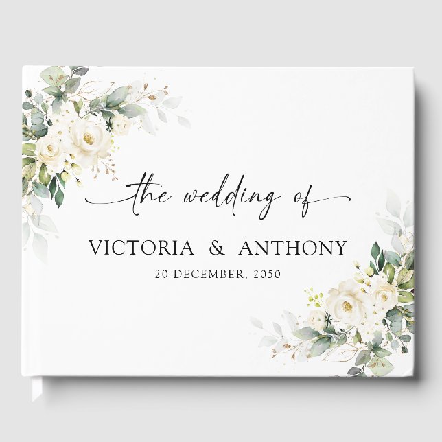 White Roses Floral Wedding Guest Book (Front)
