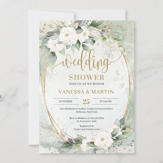 White roses flowers green eucalyptus gold oval invitation (Front)