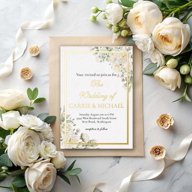 White Roses Foil Wedding Invitation (Creator Uploaded)