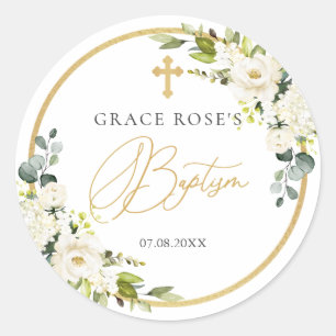 White Roses Foliage Cross Baptism Sticker