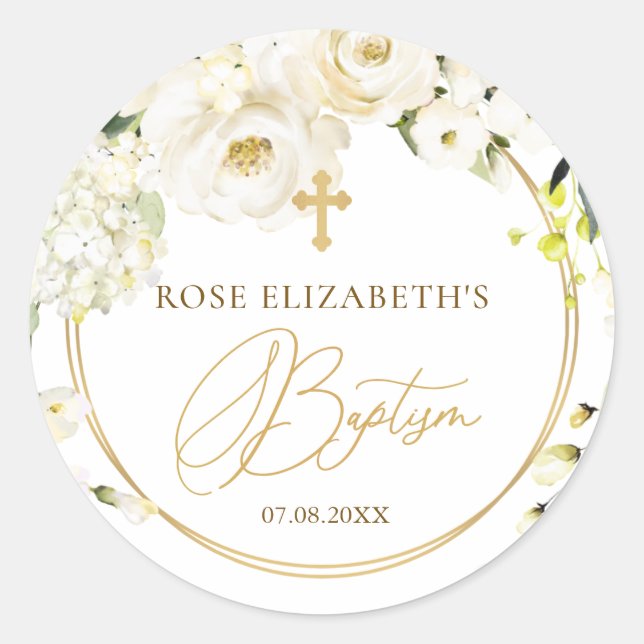 White Roses Foliage Cross Baptism Sticker (Front)