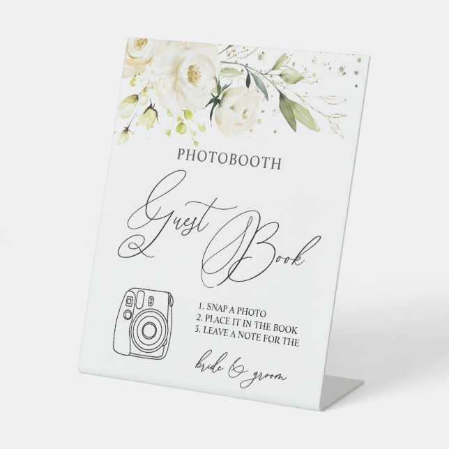 White Roses Foliage Photo Guest Book Pedestal Sign (Front)