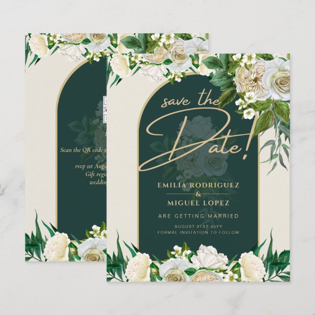 White Roses Forest Green Winter Wedding Save Dates (Front/Back)