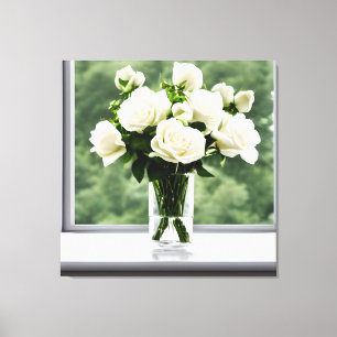 White Roses Glass Vase by Window Canvas Print