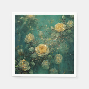 White Roses Gold Antique Vintage Romantic Green  Napkin