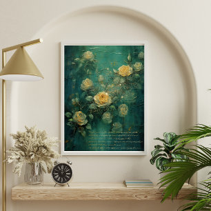 White Roses Gold Antique Vintage Romantic Green  Poster