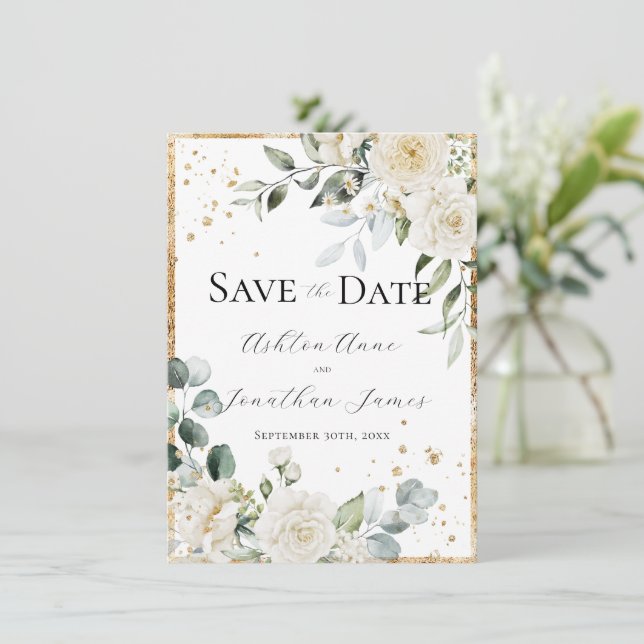 White Roses Gold Elegant Modern Wedding Save The Date (Standing Front)