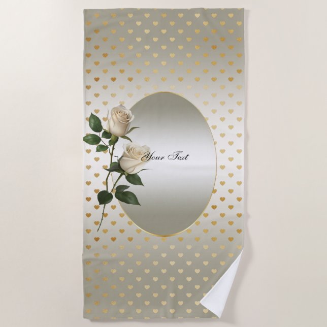 White Roses Gold Hearts Beach Towel (Front)