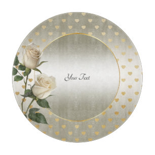 White Roses Gold Hearts Cutting Board