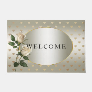 White Roses Gold Hearts Doormat