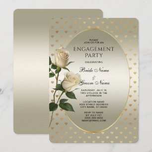 White Roses Gold Hearts Fiançailles Invitation