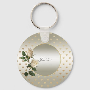 White Roses Gold Hearts Keychain