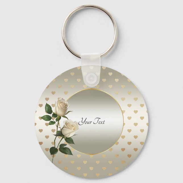 White Roses Gold Hearts Keychain (Front)