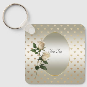 White Roses Gold Hearts Keychain
