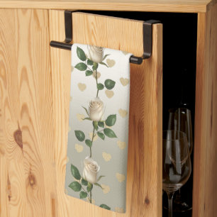 White Roses Gold Hearts Kitchen Towels